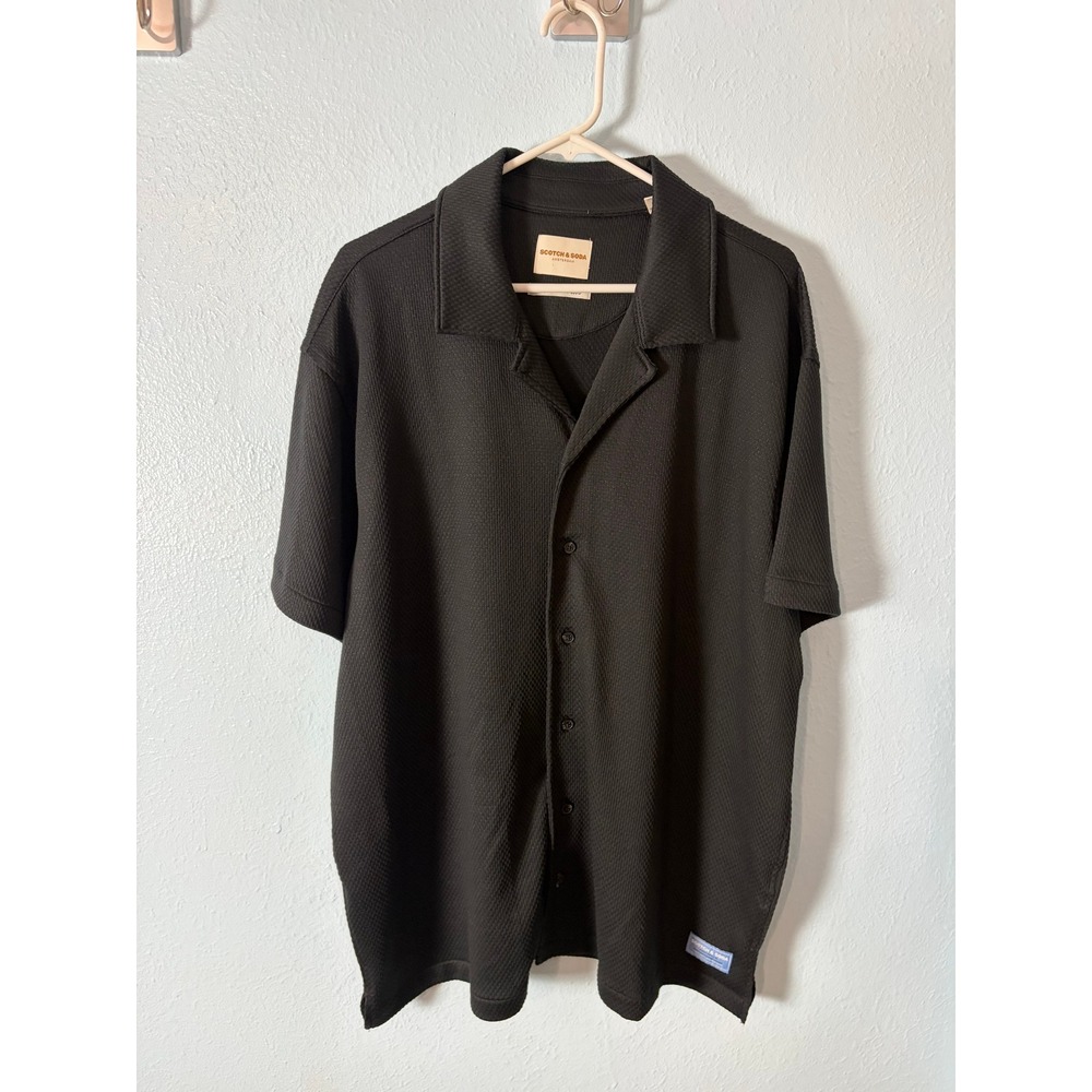 Scotch & Soda Amsterdam Mens XXL Black Textured Waffle Knit Camp Collar Shirt